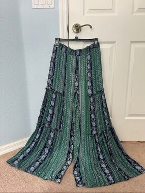 Green & Navy Striped Floral Pants